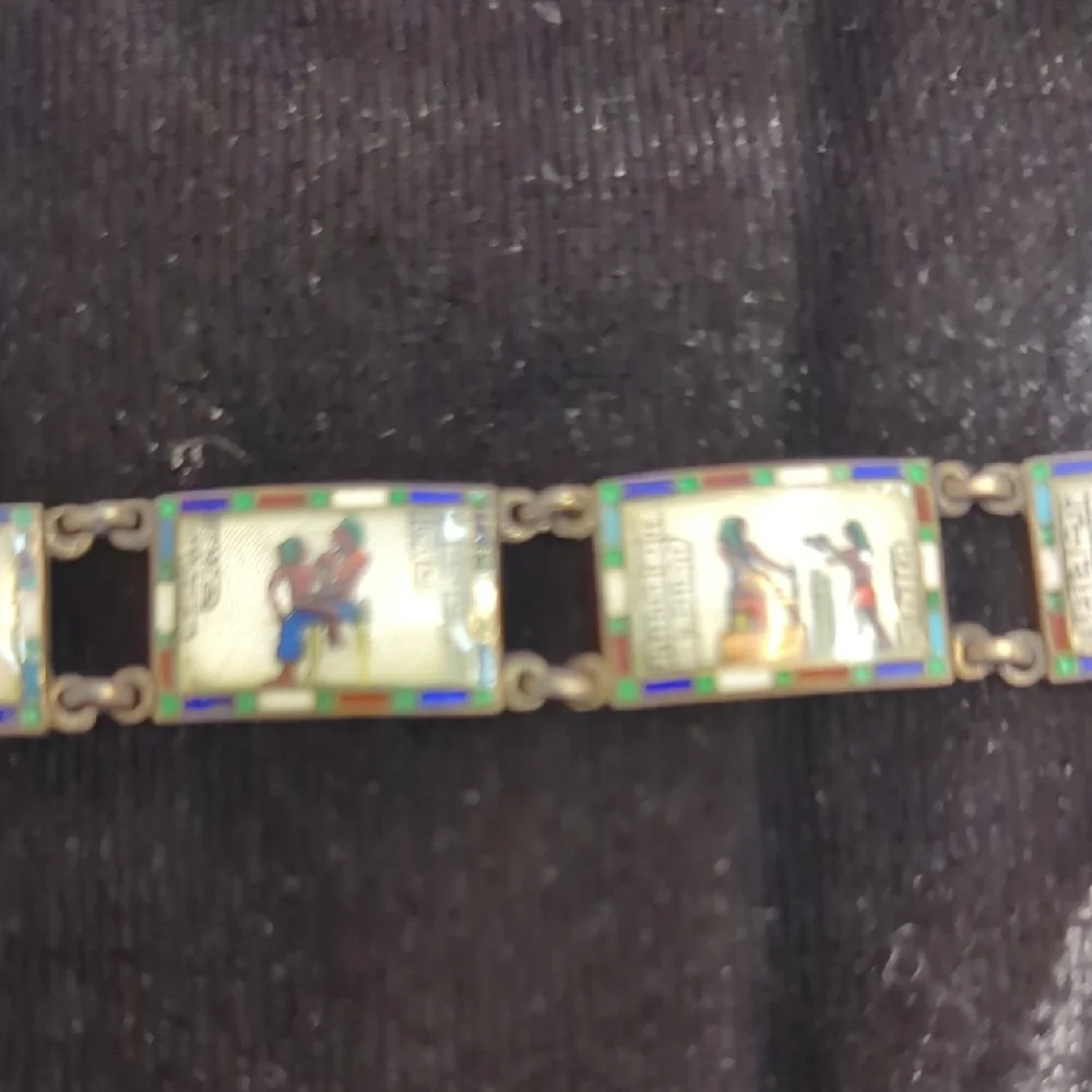 Vintage Egyptian Revival Enamel Panel Bracelet, Est. 1940s–50s